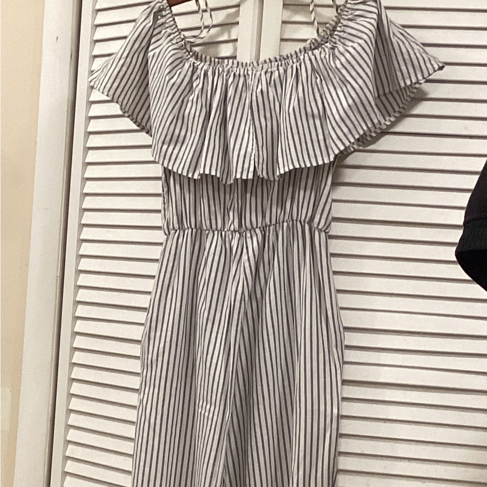 H&M Off the Shoulder Gray and White Striped Jumpsuit